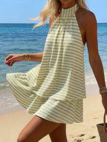SHEIN EZwear Women's Summer Casual Light Yellow Striped Print Halter Neck Mini Dress, Holiday Vacation Resort Style, Minimalist Dopamine Elegant Beach Party Outfit - Multicolor - View 5