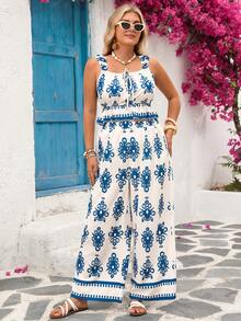 Vivid Eden Plus Size Summer Vacation Outfits, White 2 Pieces Set, Blue 2 Pieces Set, Camisole & Pants 2 Pieces Set, Blue Print, Plus Size 2 Pieces Set - Blue and White - View 8