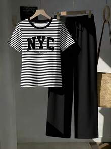SHEIN EZwear 两件套：刺绣圆领短袖上衣和条纹印花长裤，休闲款 - 彩色 - 查看 6
