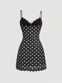 SHEIN MOD Đầm ren chấm bi nữ, chân váy ngắn hai dây kiểu retro, chất liệu lưới in họa tiết thanh lịch, co giãn tốt, thích hợp cho kỳ nghỉ. - Đen và trắng - Xem 2