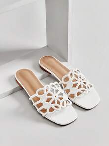 SHUZIA Sandal đế bằng nữ thanh lịch với họa tiết hoa khoét hở. - trắng - Xem 6