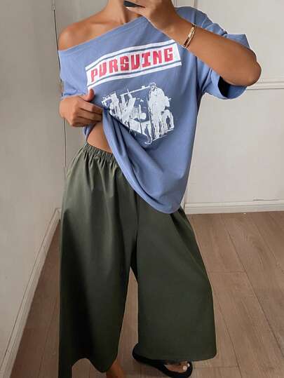 Livesso 女士字母印花不对称领宽松上衣和纯色裤子睡衣套装