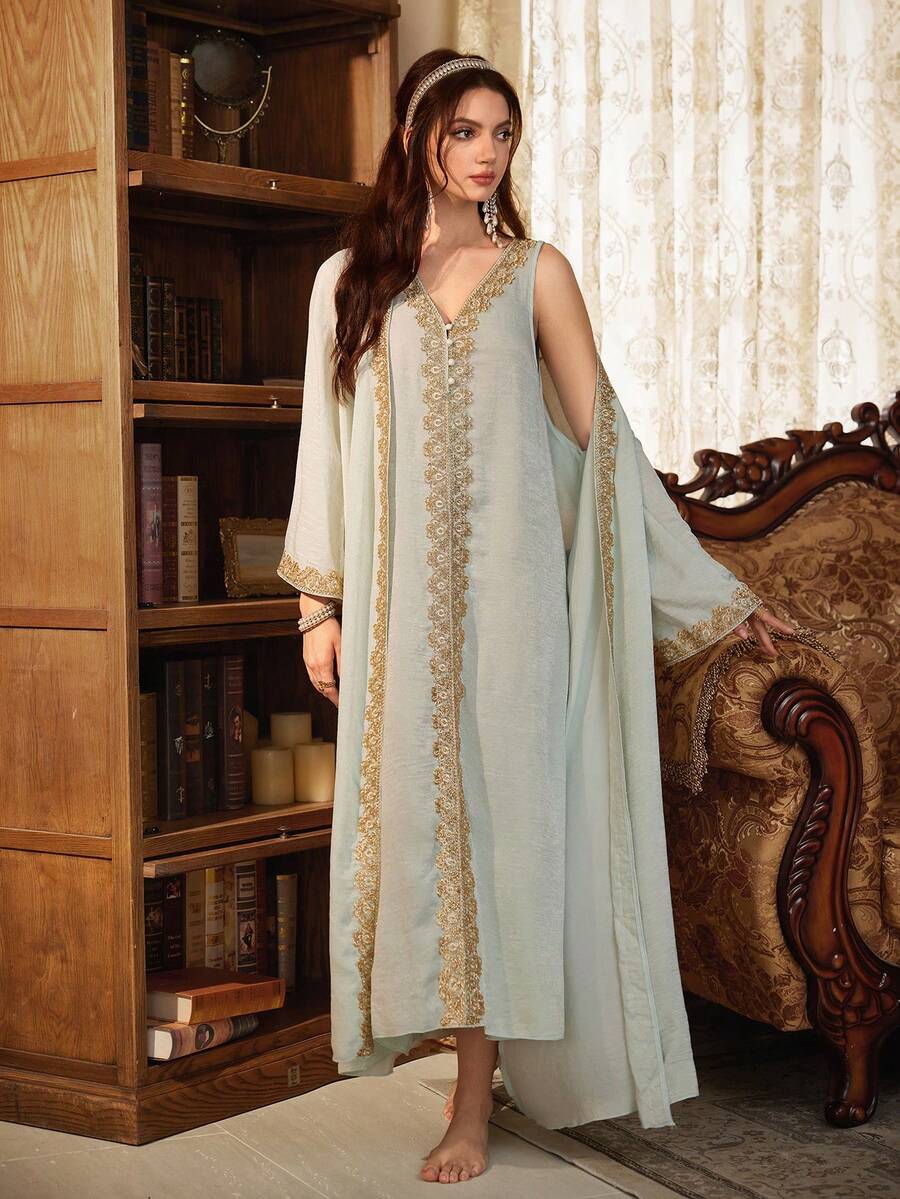 PalaceNights Solid Color Patchwork Floral Trim Long Sleeve Long Robe + Sleeveless V-Neck Cardigan Women Pajama Set - Mint Green - View 1