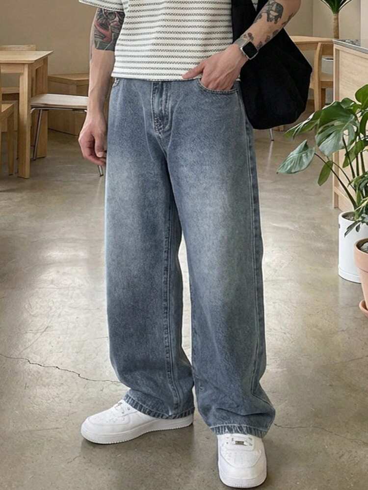 Long Blue Washed Vintage Straight Leg Men's Jeans