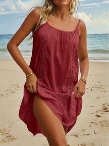 SHEIN Swim Vcay Women's Springbreak Beach Patchwork Ruffle Trim Spaghetti Strap Dress & Cover Up - Hot Pink - View 3