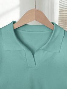 Franclia Blusa de punto ajustada de unicolor con cuello vuelto, manga corta raglán para mujer, primavera/verano - Verde - Ver 3