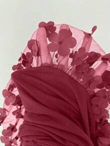 SHEIN Franclia Elegant Luxury Floral Contrast Mesh Ruffle Cinched Waist Strapless Solid Color Sexy Evening Gown For Women - Burgundy - View 6
