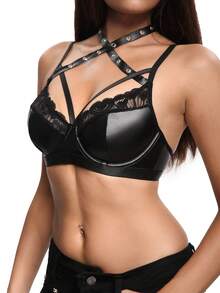 SHEIN 1pc Women's Sexy Lingerie Set, Punk Style, Faux Leather + Grommet Design - Black - View 3