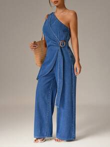 SHEIN PETITE 女士休闲牛仔连体裤，带背带，适合日常穿着 - 藍色 - 查看 7
