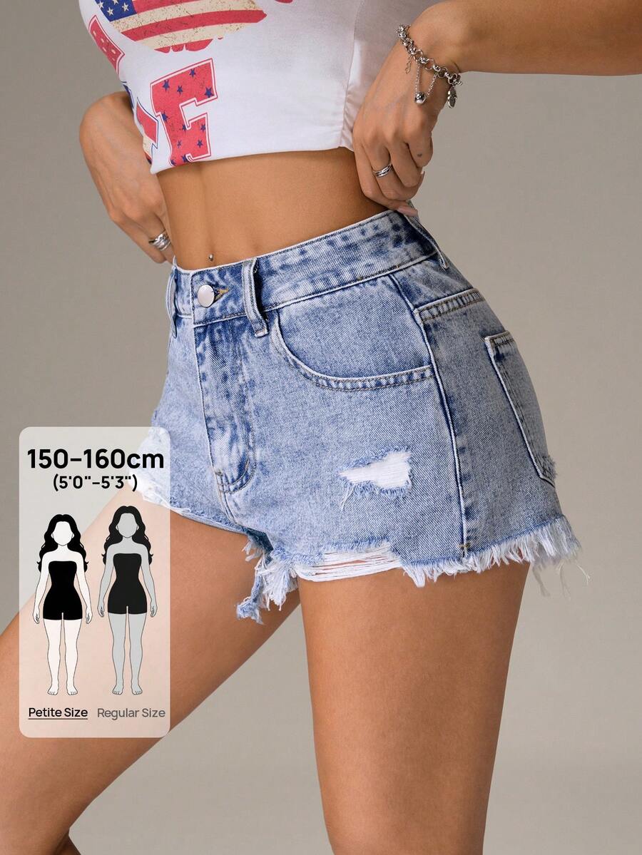 SHEIN PETITE 女士休闲水洗做旧牛仔短裤，夏季 - 藍色 - 查看 1