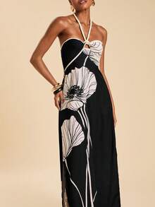 Travachic Vestido largo elegante y casual de color contrastante para mujeres - Negro - Ver 7