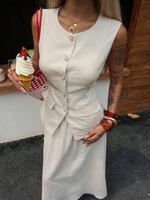 DAZY 女士休闲优雅无袖上衣和长裙两件套，春夏女士家居服套装 - 米色 - 查看 4