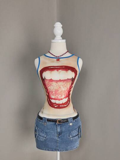 Bellisia Áo hai dây ôm sát in hình miệng kiểu Mỹ retro Y2K mùa hè 2026, áo tank top crop phong cách đường phố dành cho nữ.