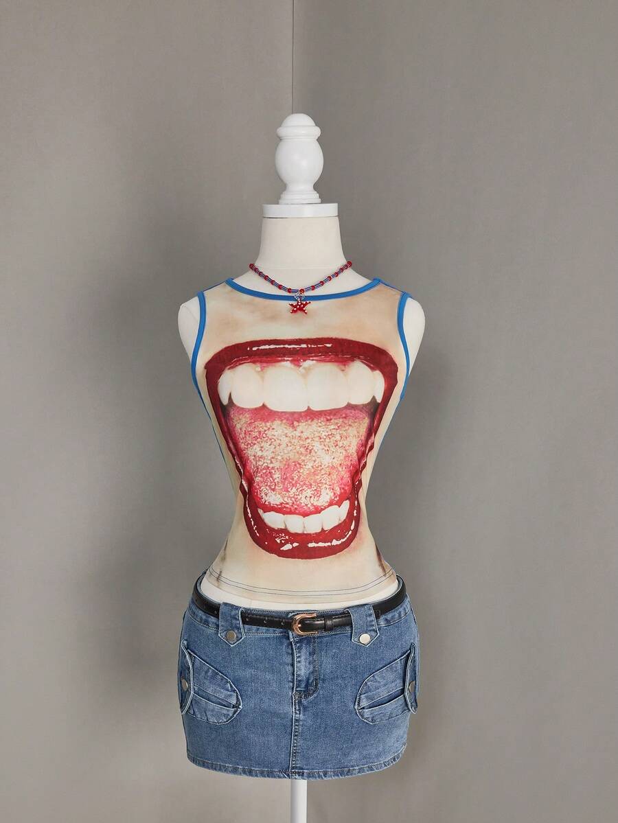Bellisia Áo hai dây ôm sát in hình miệng kiểu Mỹ retro Y2K mùa hè 2026, áo tank top crop phong cách đường phố dành cho nữ. - Nhiều màu - Xem 1