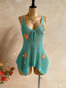 SHEIN WYWH Áo khoác ngoài kiểu dáng nghỉ dưỡng dành cho nữ, họa tiết sao biển phối màu khoét rỗng. - Màu xanh lam - Xem 4