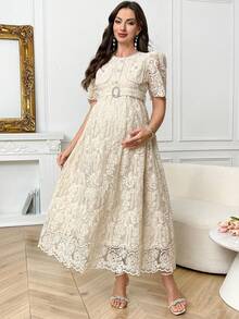 SHEIN Đầm bầu thanh lịch thêu ren, chất liệu lưới, tay áo cánh hoa, có thắt lưng, thích hợp cho mùa hè. - Màu be - Xem 6