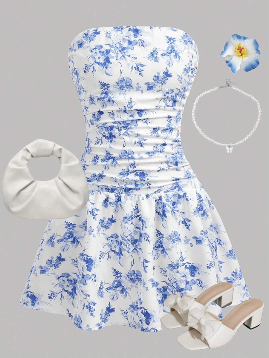 Girlism Kids Teen Girl Blue & White Floral Print Tube Top Pleated A-Line Mini Dress,Elegant Summer Holiday,Matching Bachelorette Party,Family Vacation Outfit - Blue and White - View 1
