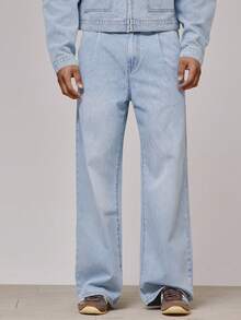 Musero Washed Wide Straight Leg Pleated Jeans Button Fastening Belt Loop Detailing Co Ord Only Denim Trousers Spring Summer Essentials Holiday Beach - Light Wash - View 3