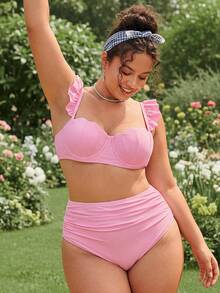 Swim Mod Plus Size Women's Sweet & Cute Minimalist Beach Holiday Solid Color Pink Ruffle Strap Adjustable Strap Shell Decor Tankini Two Pieces Swimwear - Pink - View 3