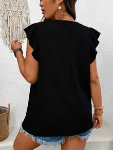 Breezaya Plus Size Women's Summer V-Neck Button Decor Casual T-Shirt - Black - View 2