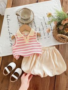 SHEIN LMoss Kids Babygirl Cute Summer Striped Polo Collar Tank Top And Elastic Waist Ruffle Shorts Set - Baby Pink - View 6