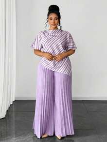 Maweii Bộ 2 món gồm áo sơ mi in kỹ thuật số vạt lệch và quần ống rộng xếp ly cạp chun, thích hợp cho nữ vào mùa xuân, hè, thu, đông, Halloween, Lễ Tạ ơn, Giáng sinh, thời trang thanh lịch đi làm, hẹn hò. - Màu tím hoa cà - Xem 5