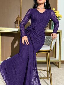 Modelyn Women's Elegant Solid Color Frill Trim Round Neck Long Sleeve Dress - Purple - View 5