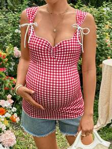 SHEIN 孕妇夏季休闲格子褶皱系带吊带背心 - 紅白色 - 查看 1