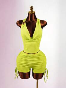 SaltGleam SaltGleam Women's Lime Green Summer 2-Piece Outfit, Draped Neck Metal Buckle Decor Top Drawstring Shorts Set, Fitted Stylish Pool Party Beach Resort Wear Sexy - Green - View 7