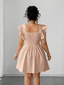 Elenzga Plus Size Solid Color Jacquard Ruffle Hem Elegant Dress Bessan Linen - Khaki - View 2