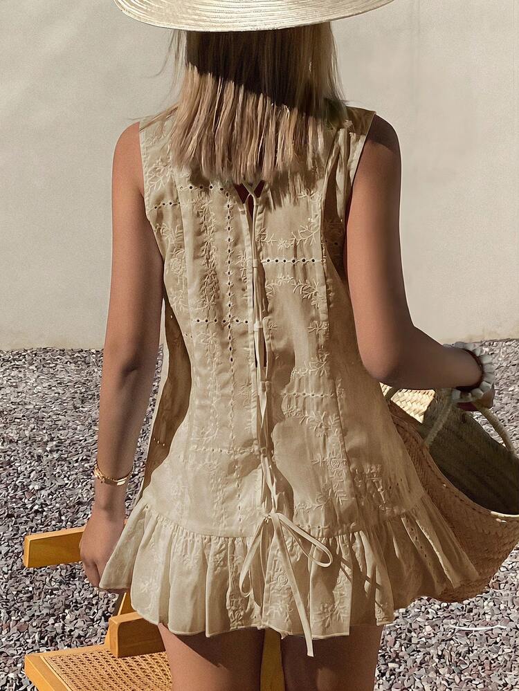 Women's White Sleeveless V-Neck Backless Tie Strap Vest, Suitable For Beach Party, Holiday, Summer