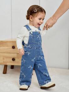 Salopetă albastră din denim pentru bebeluși, cu fundă, croială lejeră, pantaloni cu bretele - Spălare medie - Vizualizare 6