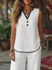 EMERY ROSE Women's White And Black Chic Linen Sleeveless Shirt,Contrast Binding V-Neck Button Loose Vest,Summer Brunch Beach Vacation Elegant Casual Blouses - Black and White - View 6
