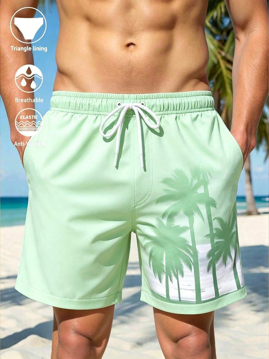 Manfinity Swimmode Quần short đi biển mùa hè dành cho nam, in hình cây cỏ, có túi xéo. - Màu xanh Bạc hà - Xem 1