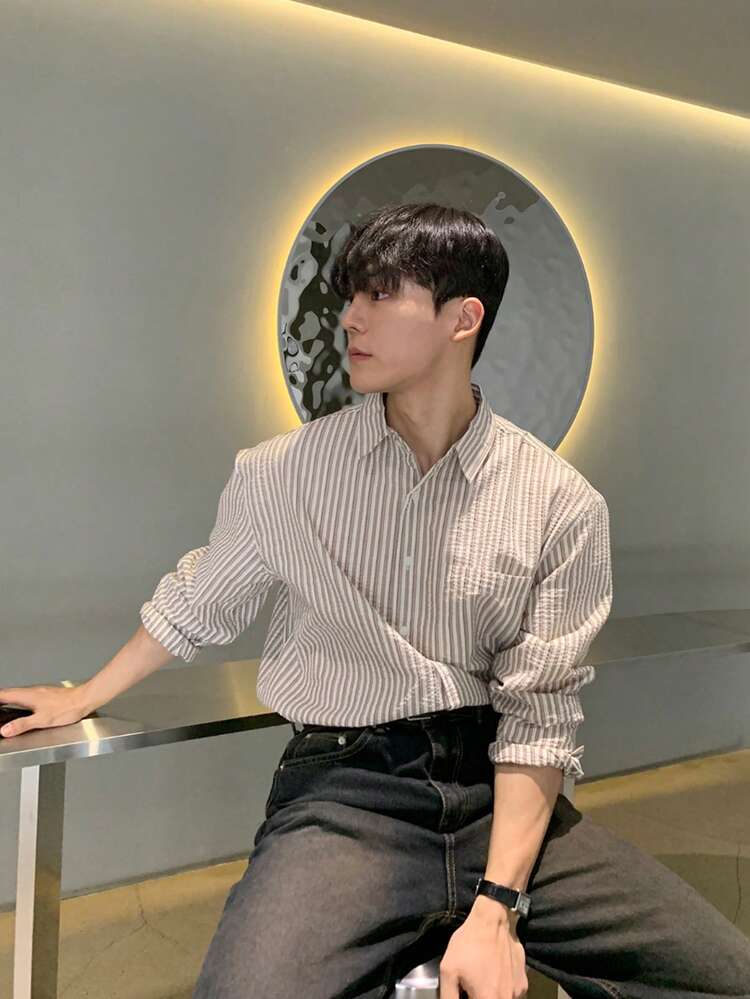 Men's Striped Single-Breasted Casual Pocket Long Sleeve Shirt