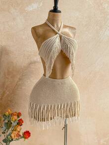 Soleia 女士夏季度假流苏吊带上衣和迷你裙两件套 - 杏色 - 查看 3