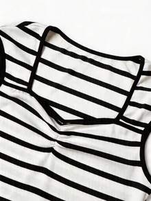 SHEIN Franclia Women's Elegant Vintage Casual Commuter Striped Print Knit Fitted Sexy Peplum Dress, Short Sleeve - White - View 4