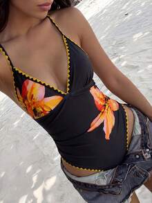SHEIN Swim Vcay 1 pieza Traje de baño de una pieza con cuello alto fruncido, estampado floral y tirantes ajustables para mujer - Negro - Ver 1