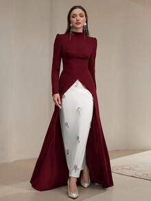 Modelyn 女式纯色立领长袖褶皱开衩下摆连衣裙长款晚礼服 - 酒紅色 - 查看 7