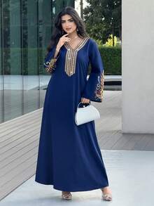 Al Najma Women's Floral Embroidery Patchwork V-Neck Elegant Arabic Style Long Sleeve Dress - Blue - View 5