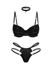 Bộ 3 áo ngực nữ bằng da PU mờ đính sequin, có đệm mút. - màu đen - Xem 2
