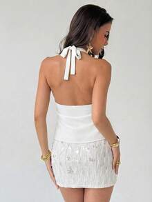 - Top sin espalda con cuello halter y minifalda con purpurina para mujer joven, ideal para festivales de música, color dorado claro - Verde - Ver 9
