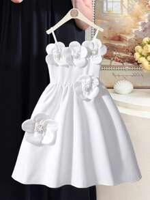 Vestido sin mangas con tirantes, blanco, dulce y elegante para niñas, con decoración de flores 3D y perlas, cintura ceñida, para fiesta de cumpleaños, para primavera/verano - Blanco - Ver 6
