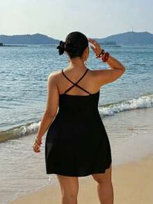 Sunnyshic Plus Size Women's 3D Rose Decor Spaghetti Strap Mini Dress,Black,Summer,Beach,Vacation,Holiday Bodycon Backless Ruched Party Cocktail Dress - Black - View 2
