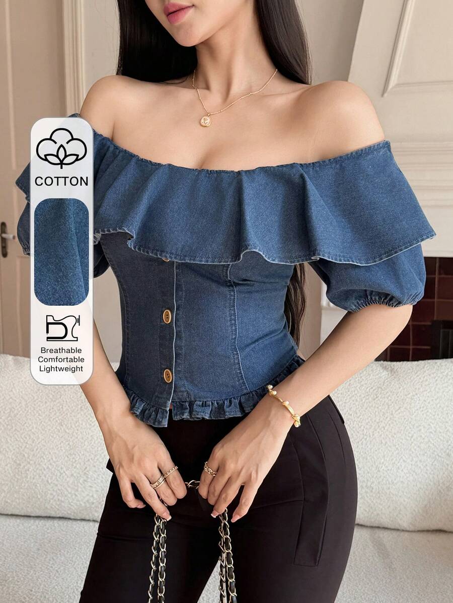 DAZY Áo denim nữ màu trơn tối giản trễ vai, thích hợp mặc hàng ngày vào mùa hè. - Rửa trung bình - Xem 1