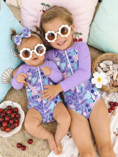 SHEIN Traje de baño de una pieza de manga larga con cremallera, de corte ajustado, para niñas, con estampado floral vintage dulce en morado, adecuado para sesión de fotos de vacaciones de verano en la playa, vacaciones de verano, estética, fiesta en la piscina, campamento de verano, estilo cottage, ropa de playa