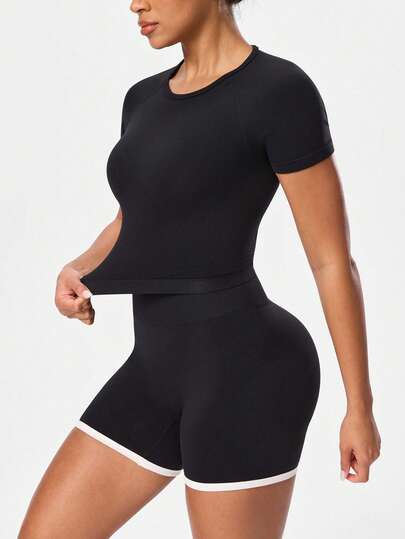 Seamluxe SHEIN Sport Seamless Set, Black And White Contrast Short Sleeve And Shorts