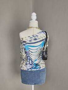 Bellisia Áo croptop nữ phong cách thường ngày, cá tính, in họa tiết rách rưới, khoét lỗ, trễ vai, kiểu dáng preppy, in số hiệu trường đại học và thiết kế viền xếp lớp, thích hợp cho các lễ hội âm nhạc, tiệc tùng và thời trang đường phố. - Nhiều màu - Xem 2