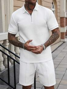 Manfinity CasualCool Herren Große Größen Set aus Poloshirt mit Reißverschluss-Teilung und Kurzarm sowie Shorts mit Kordelzug-Taille und Tasche, Casual - Weiss - Übersicht 3