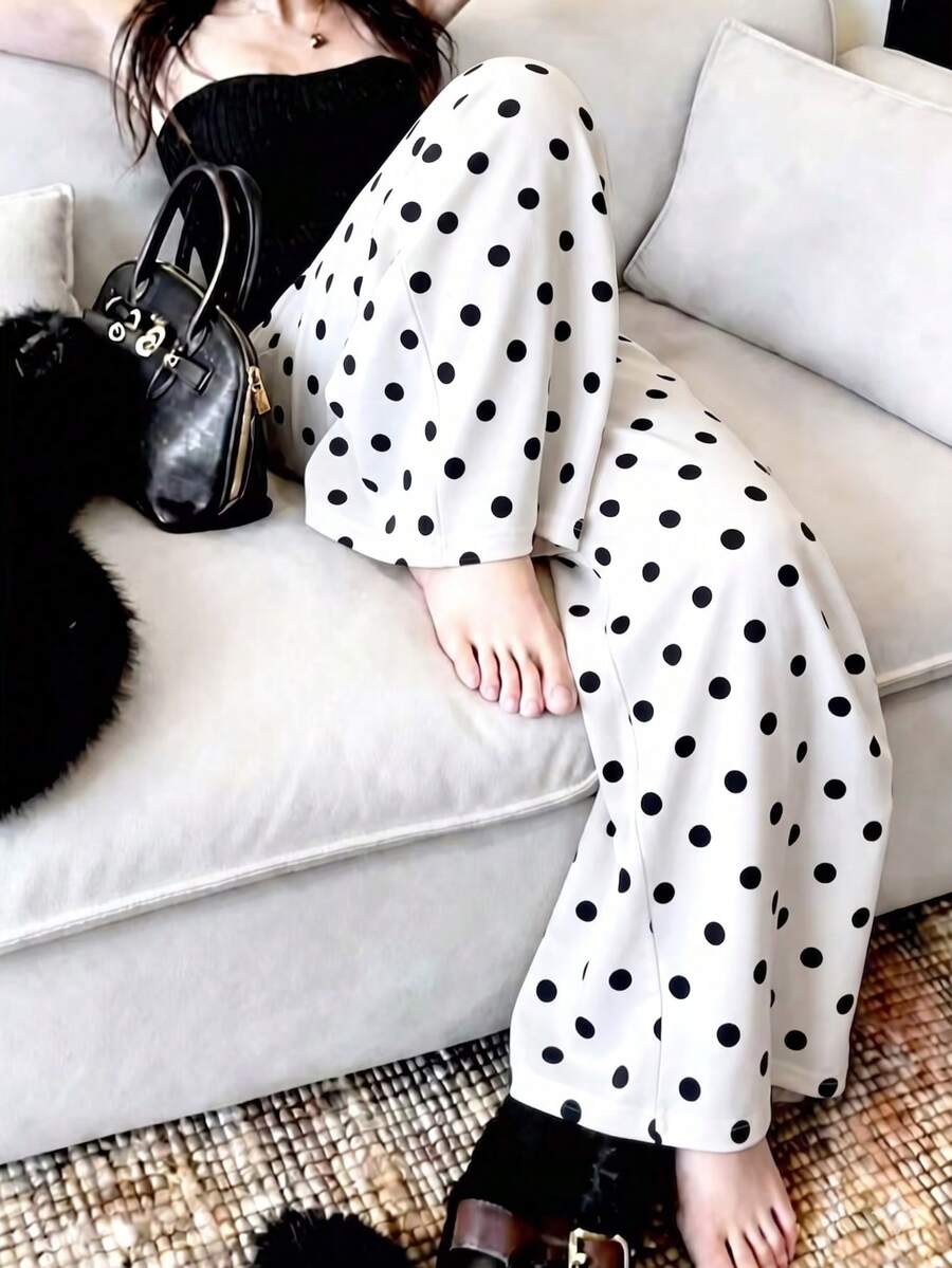 GlowEve 女士运动裤，女士休闲波点运动裤，女士高腰直筒运动裤，女士抽绳松紧腰运动裤，时尚优雅休闲运动裤，适合日常百搭穿着 - 黑與白 - 查看 1